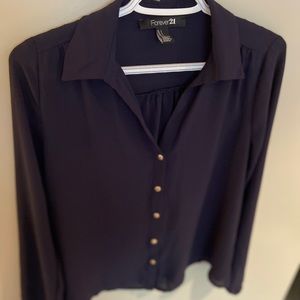 Navy button up blouse with gold buttons